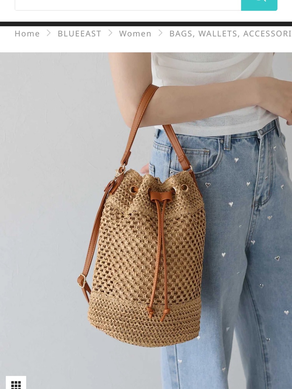 ❌ SOLD ❌ Crochet Drawstring Bucket Bag with Brown Leatherette Trim